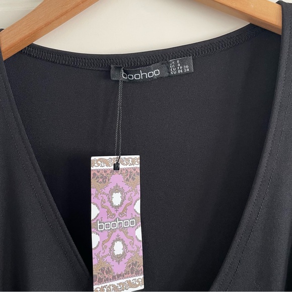 Boohoo Black Asymmetrical Wrap Dress Rushed Waist Little Black Dress Cap Sleeves - Picture 3 of 16